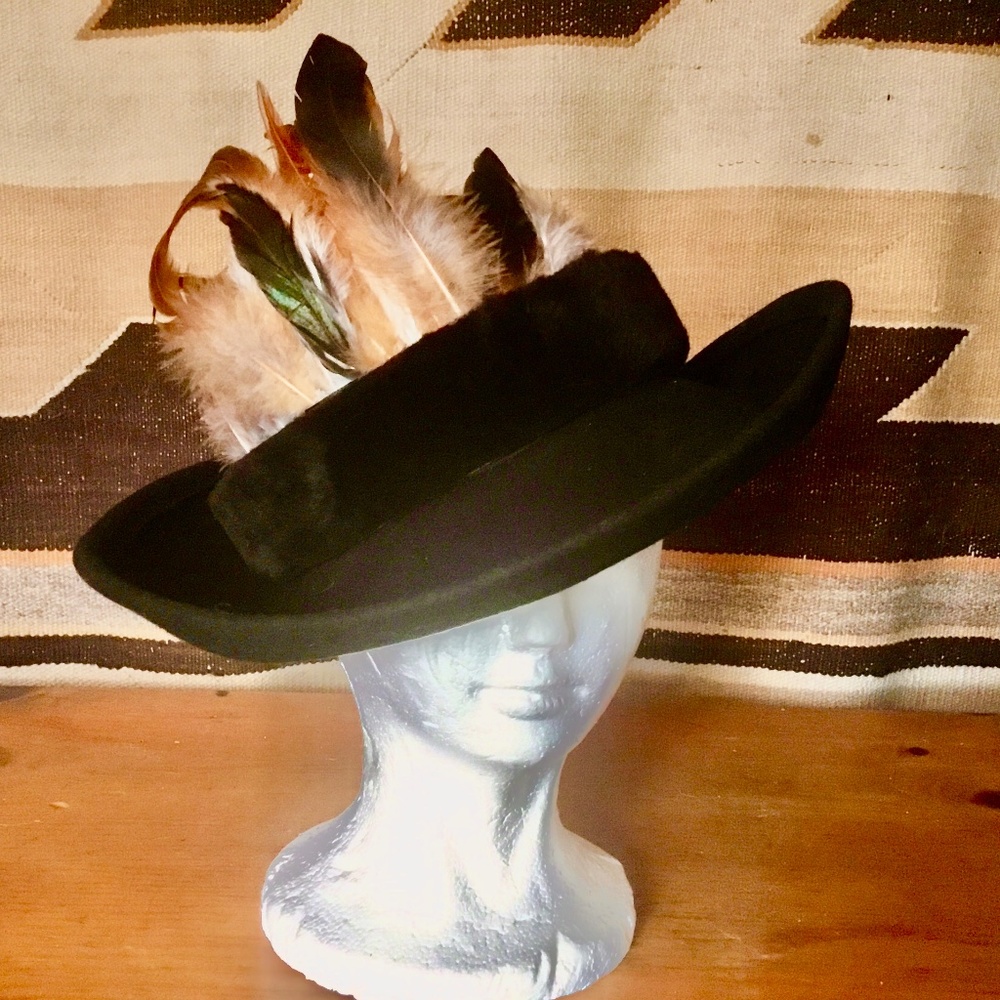 Black rolled brim wool felt hat with mouton brim assorted feathers rooster fluff